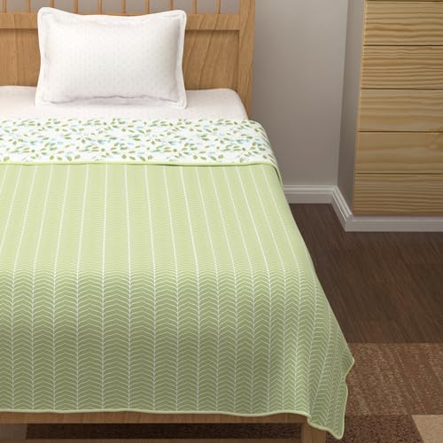 Image of Story@Home Dohar Single Bed Cotton AC Blanket for Summer|144x220CM, 150GSM Ac Comforter and AC Blanket for Summer|White & Olive Green Leaf Reversible Pattern Duvet Quilt, All-Season Blanket