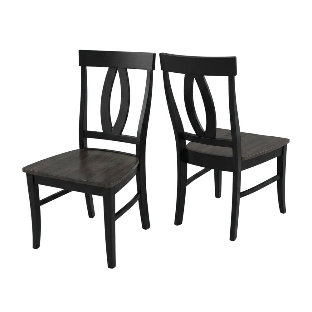 Solid Wood Dining Chair Set of Two with Washed-Finish Frame by Furnifact – Wood, Coal-black and Washed Black, Pack of 2
