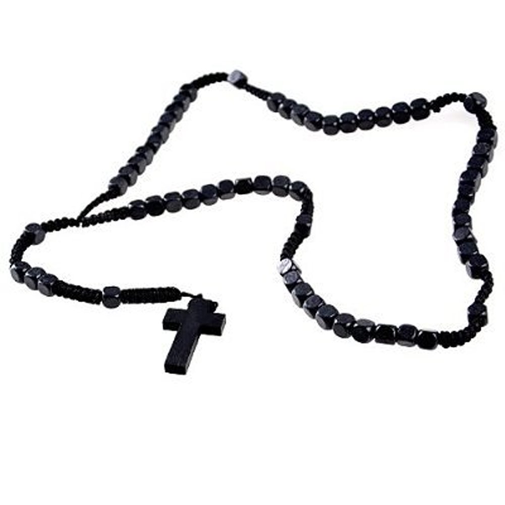 DonDon Rosario di legno Collana con perline nere