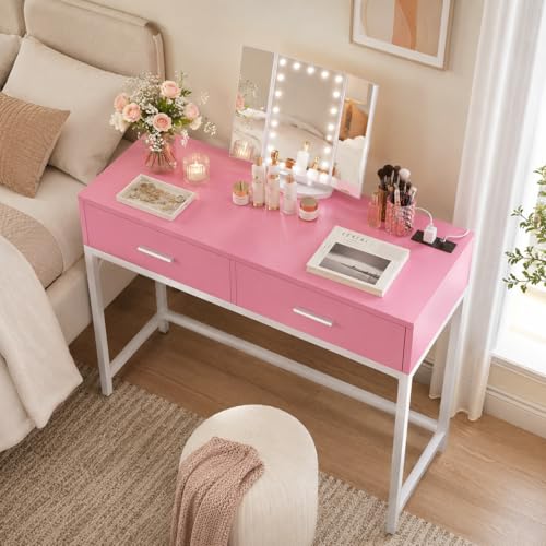 Cyclysio Vanity Desk with Mirror and Lights 36 Makeup Vanity Desk with Power Outlet Small Vanities Set Dressing Table with Drawers for Bedroom Pink