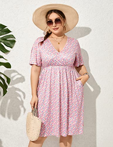 Image of ShopWonder Plus Size Dress Women's V Neck A-Line Knee Length Wrap Swing Dresses Plus Size A Line Party Mini Dress
