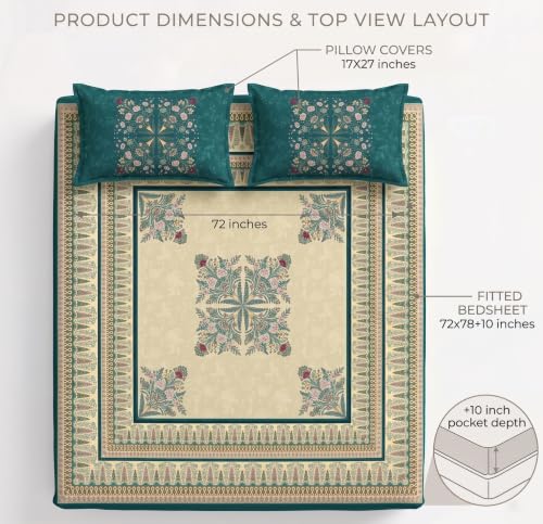 Image of VAS COLLECTIONS 240 TC Cotton King Size Fitted Bedsheet, Premium Soft Breathable Stretchable Mattress Sheet, Skin Friendly Durable Printed Bed Cover for Double Bed, 72 x 78 + 10 Inches - Spruce Green