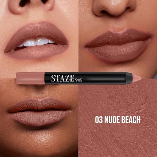 Image of Staze Pout On Transfer proof Lip Crayon | Upto 12 hours long stay | One Swipe High Matte Pigment | Vitamin E & Jojoba Oil | Sharpenable Smudgeproof & Waterproof Lip Crayon | 03 Nude Beach | 3.5g