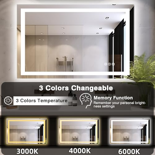 48"x32" LED Bathroom Mirrors for Wall, Front and Backlit Mirror, Anti-Fog Vanity Mirror with Lights, Stepless Dimmable Lighted Mirror, 3 Colors Smart Mirror (Horizontal/Vertical)