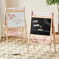 Tiny Land Easel for Kids, Double-Sided Magnetic Easel, Adjustable Wooden Kids Art Easel with Paper Roll, Learning-Toy for 3,4,5,6,7,8 Years Old Boy & Girls