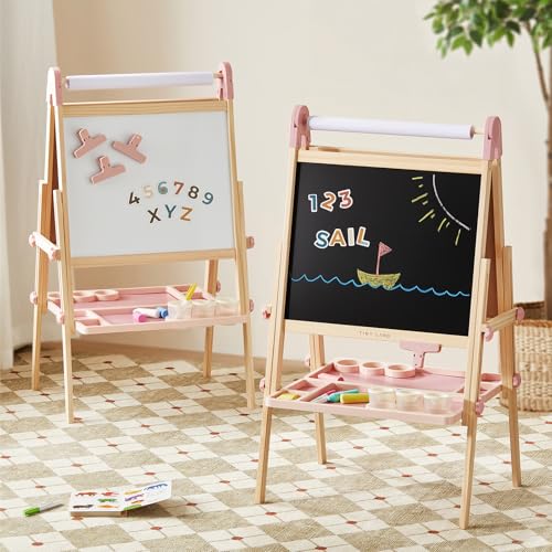 Tiny Land Easel for Kids, Double-Sided Magnetic Easel with Drawing Accessories, Adjustable Wooden Kids Art Easel with Paper Roll, Learning-Toy for...