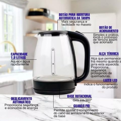 Chaleira De Vidro Eletrica Estilo Jarra 1.8 Litros Glass - Com Desligamento Automático (220 VOLTS)