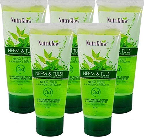 NutriGlow Neem & Tulsi Face Wash For Oily & Pimple Prone Skin, Gentle Moisturizing, Non Foaming Face Wash, Paraben and Sulphate Free, 65ml Each, Pack of 5