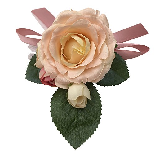 Abbie Home Prom Wrist Corsage Brooch Boutonniere Set Wedding Event Party Wristband Hand Flower Décor-Champagne&Pink #TOP2