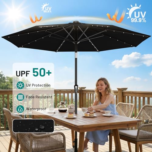 Image of AreShark 9FT Patio Umbrella with Solar Lights, 32 Lighted Pool Umbrella w /Tilt and Crank, Outdoor Market Solar Umbrellas for Garden, Deck, Backyard, Pool and Beach, Black
