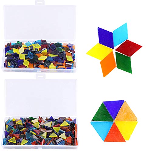 Aunifun 800PCS Mixed Color Mosaic Tiles, Stained Transparent Glass Mosaic Pieces with Organizer Box for DIY Crafts Home Decoration, Triangle and Rhombus