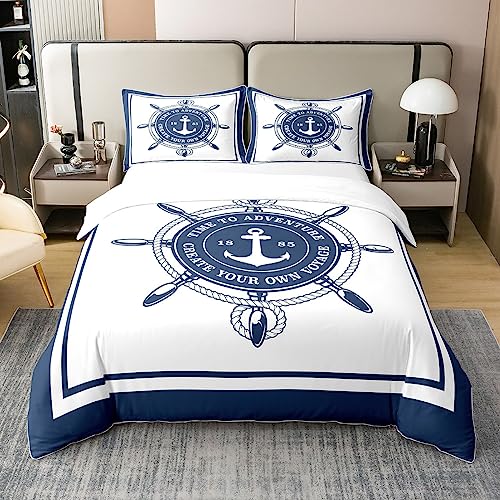 Homemissing Ancre Volant 100% Coton Housse de Couette 220x240cm thème Nautique Literie Set décoratif Marine Adventure Set Parure de Lit océan Ensemble de lit Chambre Ensemble de Literie 3 pièces
