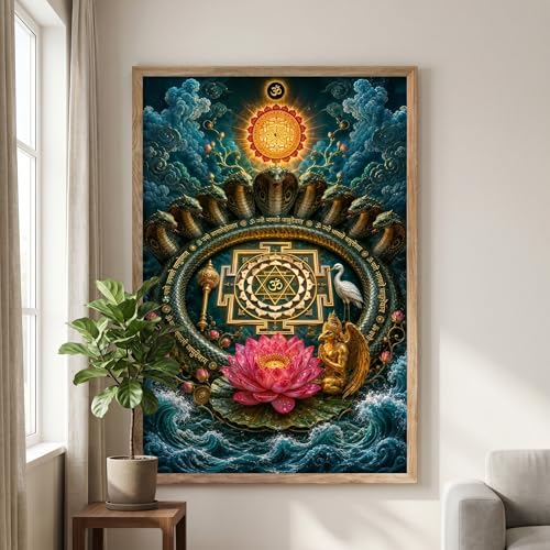 Image of Livin'luxe Sheshnag Om Shree Yantra Lotus Wall Painting for Living Room Bedroom Pooja Room Decor with Premium Wooden Color Synthetic Frame, Spiritual Hindu Art Gift (18 x 24) NL01-4085