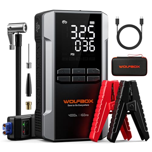 Image of WOLFBOX 4000A Car Jump Starter & 160PSI Air Pump, 24000mAh Power Bank with 65W USB-C Fast Charging, 12V Portable Battery Booster for Up to 10L Gas /Diesel Engines, LED Display, Light & Cables