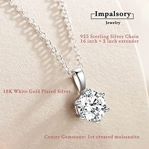 Impalsory Moissanite Pendant Necklace, 1Ct 6.5Mm Classic Round 6 Prong Solitaire Simulated Diamond Necklace For Women Girls 18K White Gold Plated Silver With 18 Inch Chain #TOP2
