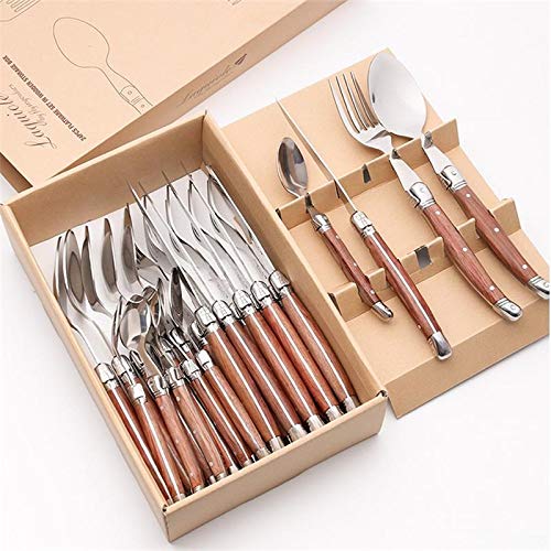 24pcs conjunto de cubiertos de acero inoxidable Manijas de madera Cuchillo de carne Cuchillo Cucharada Cucharada Cucharada Cubiertos Regalo Partido Cena Cena Conjunto