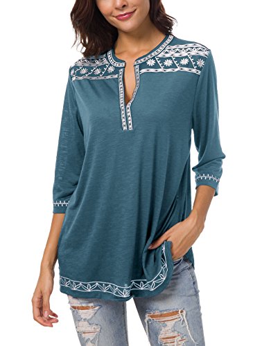Women's 3/4 Sleeve Boho Shirts Embroidered Peasant Top (Ink Blue, M) #TOP2
