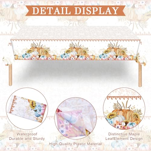 Image of 3-Pack 54 x 108 Inch Pastel Pumpkin Thanksgiving Plastic Tablecloth - Elegant Fall Table Cover with Watercolor Pumpkins and Floral Accents for Autumn Dinner, Harvest Parties, and Friendsgiving Decor