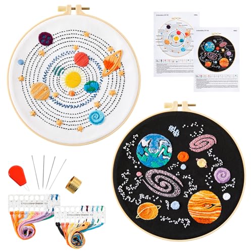 Image of Armindou Embroidery Kit for Adults Beginners, Hand Embroidery Starter Kit with Solar System Patterns, Counted Stamped Cross Stitch Needlepoint Kit for Beginner Adult, 2 Set Embroidery Supplies /Hoop