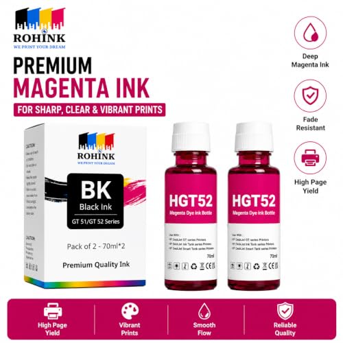Image of ROHINK GT51 GT52 Ink Refill Dye Ink Compatible with HP Ink Tank 115, 310, 315, 319, 410, 415, 416, 419, 455, 500, 515, 530, 615, GT 5810, GT 5811, GT 5820 (HP HGT52 Megenta Pack 2)