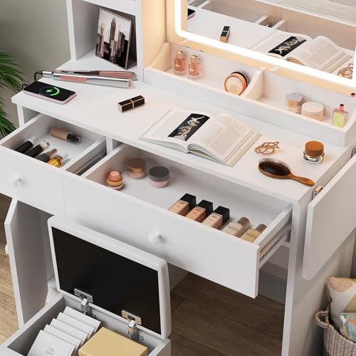 Image of Haewon White Vanity Desk with Mirror and Lights, Makeup Vanity with Charging Station and 3 Lighting Modes, Dressing Table Set with Storage Cabinet, Drawers and Chair for Girls Bedroom