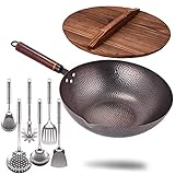 Carbon Steel Wok with Wooden Handle and Lid,using for Electric, Induction, Gas Stoves,6 Cookware Accessories,12.5 inch,Black