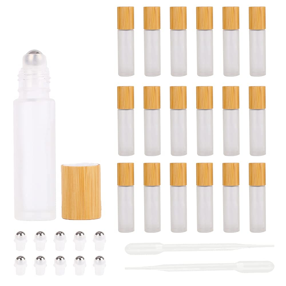 Lot de 18 flacons à bille en verre dépoli avec couvercle en bambou de 10 ml pour huiles essentielles, flacons à bille pour huiles essentielles, 10 ml (givré)