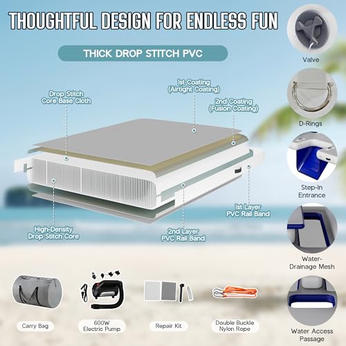 Image of SPECRAFT Inflatable Floating Dock, 16.4x10x7.2 FT Water & Land Inflatable Platform with Canopy, Built-in Table, Water-Level Seating, Large Floating Deck and Ladder for Lakes, Pools & Beach