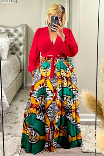 Image of Plus Size Women's 2 Piece Outfits Printed Casual Long Sleeve Wrap Crop Top Maxi Long Dress Flowy Matching Sets
