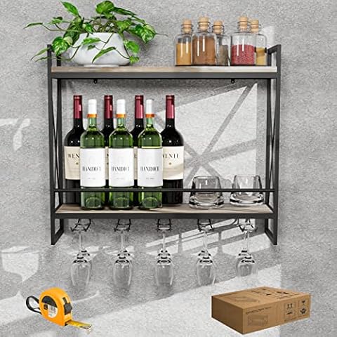 GWH 2 Tier - Industrial Wine Rack Wall Mounted, Wall Wine Rack, Hanging Wine Rack, 100% Pine Solid Wood, Galvanized Steel (Black, 23.6in) Cover