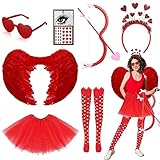 Tkifoda 8 Pcs Valentine‘s Day Cupid Costume Set, Cupid Bow and Arrow, Bow High Stockings, Tutu Skirt, Sequins Heart Shape Headband and Sunglasses, Angel Feather Red Wings for Women Valentines Cosplay