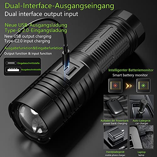 ASORT Taschenlampe Led Extrem Hell 1000000 Lumen, USB Aufladbar Taschenlampen Mit 6000mAh AKKU, IPx67 Wasserdicht 5 Lichtmodi für Camping Wandern Notfälle (3 * 18650 Akku) – Bild 5