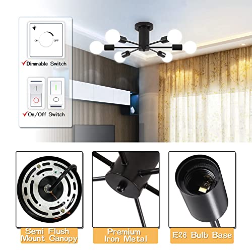 LJHhowe Semi Flush Mount Ceiling Lamp Black 6 Lights Sputnik Chandeliers E26 Base Mid Century Ceiling Light Fixture Modern Chandelier for Dining Room, Foyer, Kitchen, Bedroom, Living Room - Image 5