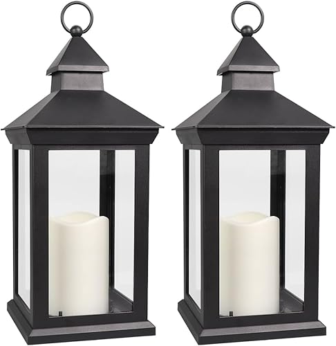 Bright Zeal Paquete de 2 faroles de vela de 14 pulgadas para exteriores, impermeables, luces decorativas con temporizador, faroles LED decorativos