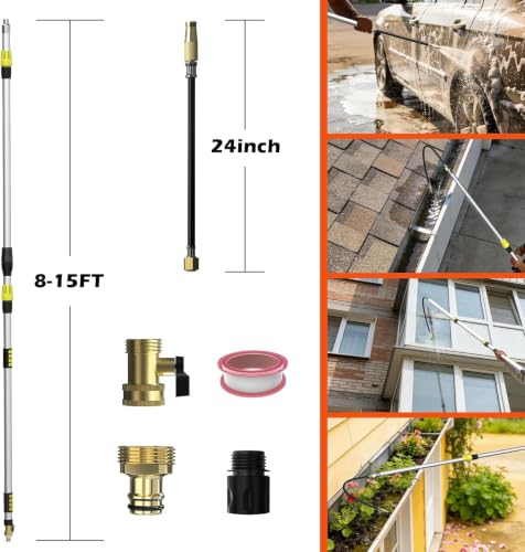 Image of 24FT Reach 8-15FT Telescopic Pole Gutter Cleaning Tools from Ground, Up to 24FT Reach, Flexible Wand, Adjustable Flow for Garden, Roof Gutters, Leaves & Debris Removal