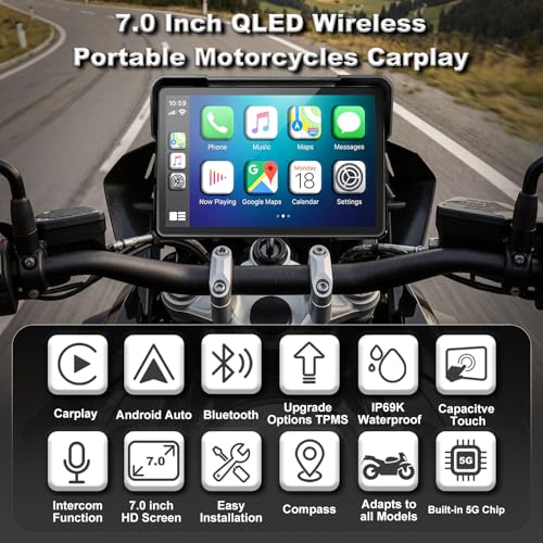 Image of YZW Portable 7 inch Wireless Motorcycle Carplay GPS Screen with Android Auto, Navigation System Quick Release, Anti-thef, Bluetooth, Siri, Google Asistant, Light Sensor, Music Sharing,Vioce Control