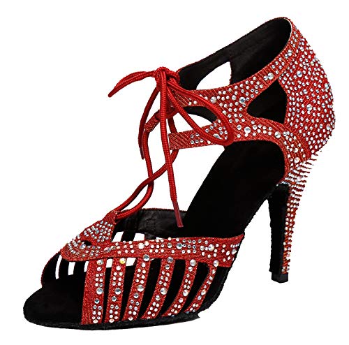 Minishion Women's Latin Salsa Lace-up Crystals Red Satin Dance Shoes Wedding Sandals US 8.5