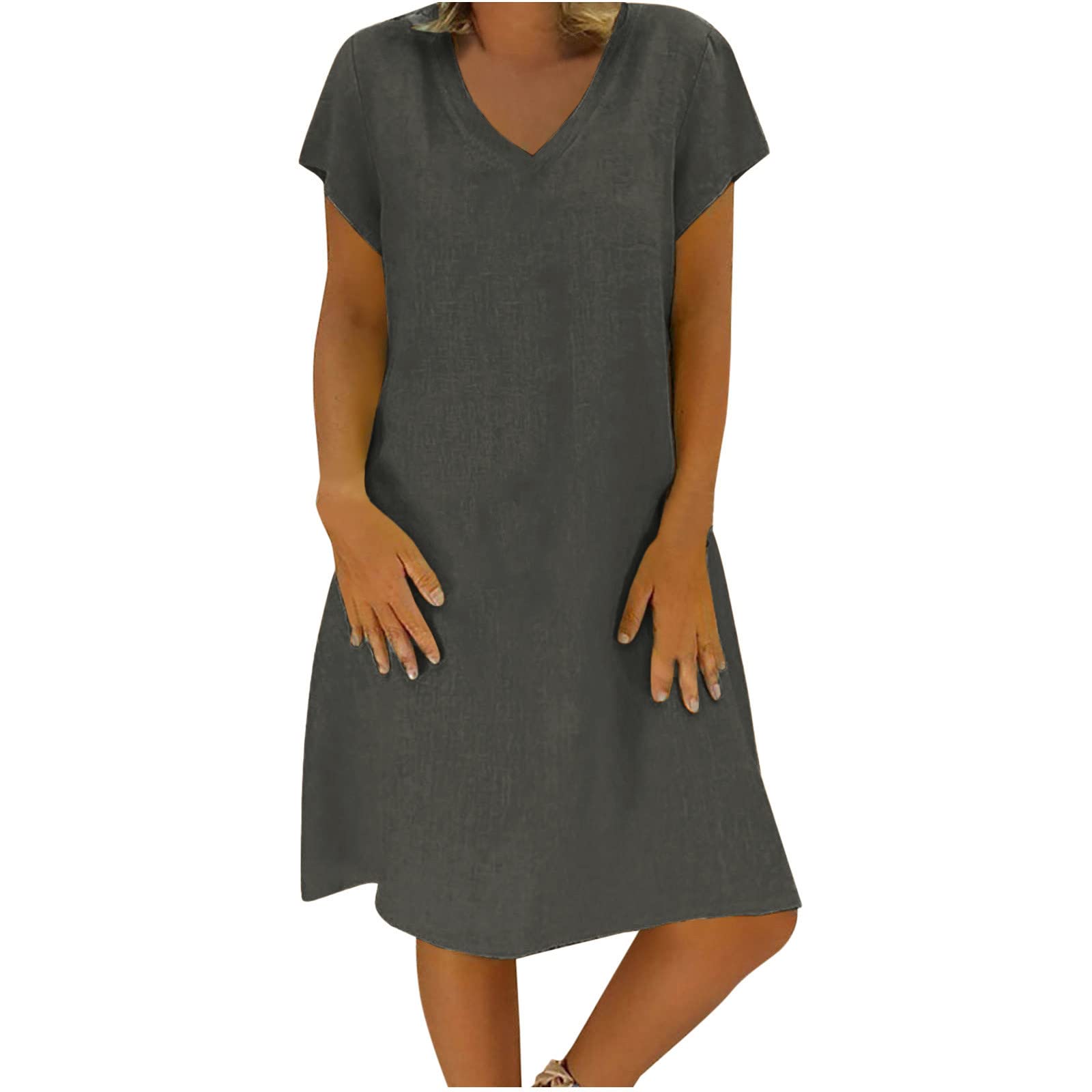 NUSGEAR 2024 Vestidos Corto Mujer Algodón y Lino Vestido Verano Basico Vestidos Casual Cuello en V Vestidos Color sólido Elegante Vestido Manga Corta Vestido Cómodo Playa Talla Grande Vacaciones