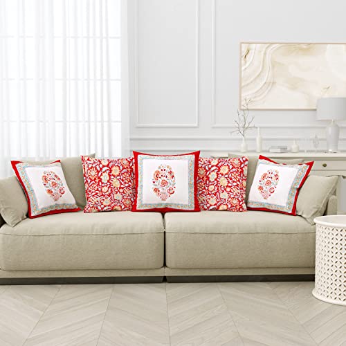 Image of BLOCKS OF INDIA Hand Block Printed Cotton Linen Cushion Cover (16 X 16 Inches) (Red Motifs), 250 TC