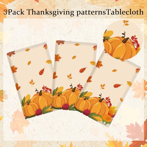 Image of Thanksgiving Tablecloth, 3 PCS Disposable Falls Table Cloth, 54 inchx108 inch Plastic Pumpkin Maple Leaves Autumn Rectangle Tablecloth Tables Cover for Thanksgiving Fall Autumn Home Party Table Decorations