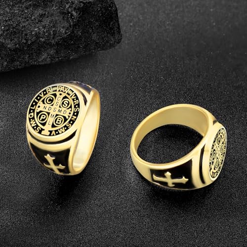 Odinstone Sterling Silver St Benedict Ring, Saint Benedict Exorcism Ring Catholic Roman Cross Protection Amulet Gifts for Men Size#7-133