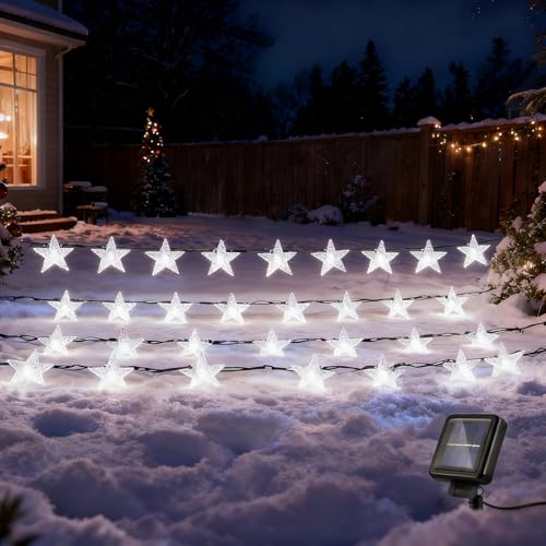 XVZ Guirnaldas Luces Exterior Solar, 30 LED Cadena de luces solares para jardín, 8 modos luces de estrellas impermeables, decorativas, para el patio, fiestas, bodas - Blanco Frío