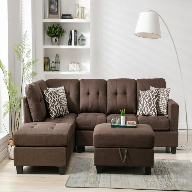 Cozyheaven Eldric 5 Seater Fabric L Shaped Sofa Set for Living Room (Brown)