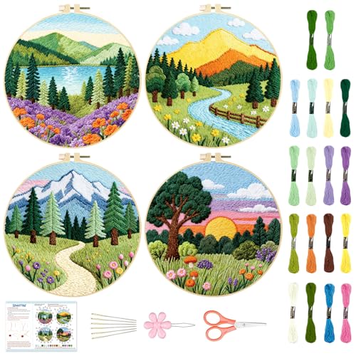 Image of BEUNITONE 4 Set Forest Pattern Embroidery Kit for Adult Beginners Scenery Pre-Printed Designs Cross Stitch Kits, Needlepoint Kits for Adults, Handmade Embroidery for Home Decor 20x20cm
