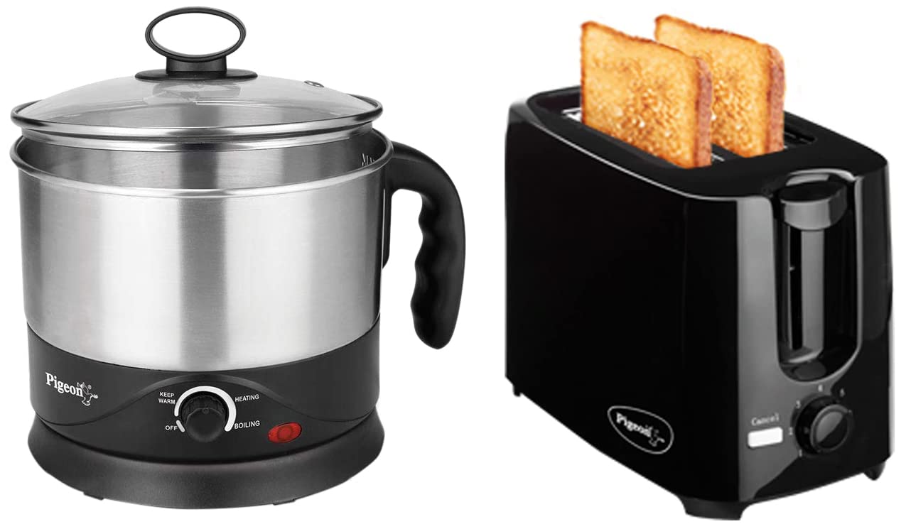 Kessel Multipurpose Kettle 600 Watt, 1.2 L with Stainless Steel Body & 2 Slice Auto Pop up Toaster. A Smart Bread Toaster for Your Home (750 Watt)