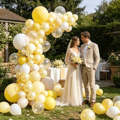 Image of Yellow and White Balloons Arch Kit Double Stuffed,Party Decor. | Light Pastel Pearl Yellow White Sand Confetti Balloons Latex, for Baby Shower Birthday Wedding Lemon Summer Decoration.