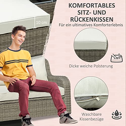 Outsunny 3-TLG. Polyrattan Gartenmöbel Set Gartengarnitur Garten-Set Sitzgruppe Loungeset Loungemöbel mit Beistelltisch Kissen Aluminium Hellgrau+Beige – Bild 6