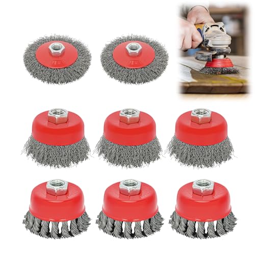 ohbien 8Pcs Angle Grinder Wire Brush Set Twist Knot Wire Brush for 115mm Sander Angle Grinder M14 Thread Arbor Brushs Diameter 75 mm 100 mm Steel Brushs Wires for Paint Cleaning Rust Removal Grinding