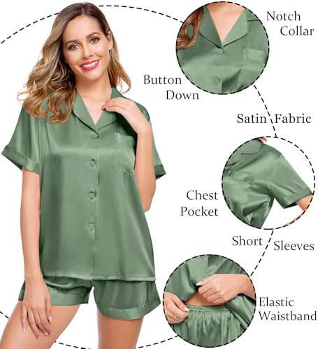 Image of LecGee Womens Silk Satin Pajamas Short Sleeve Loungewear Two-Piece Sleepwear Button-Down Pj Set