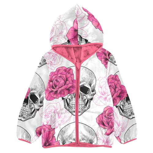 OTVEE Skull and Pink Roses Kids Hoodie Jacket Fall Spring Full Zip Warm Outwear Coat